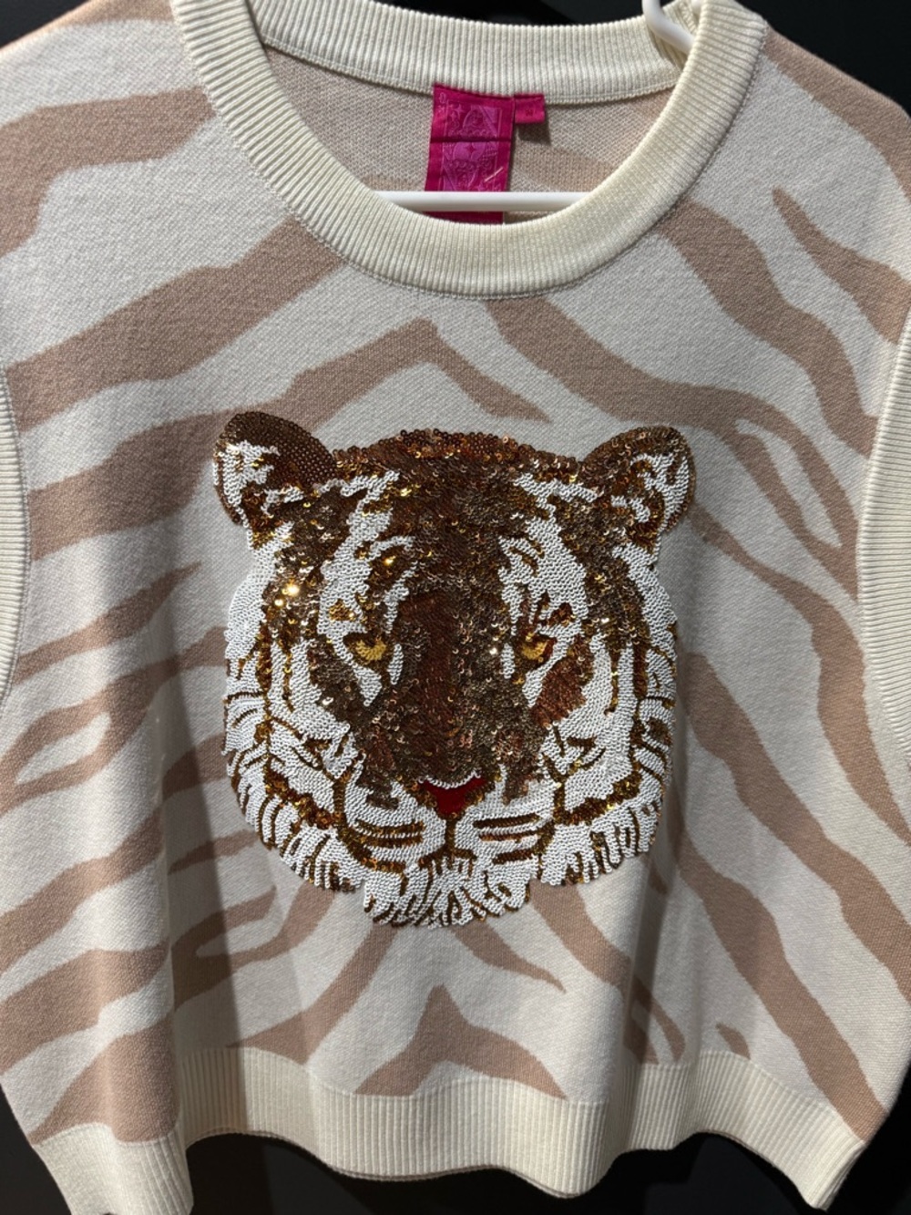 QUEEN OF SPARKLES Cream and Tan Tiger Sequin Knit Tank - Picture 5 of 9